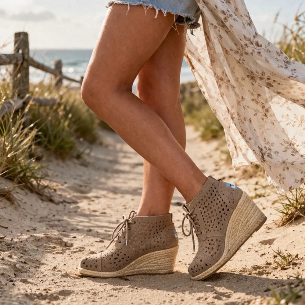 TOMS Taupe Suede Perforated Wedge Booties Size 8 NWT Boho